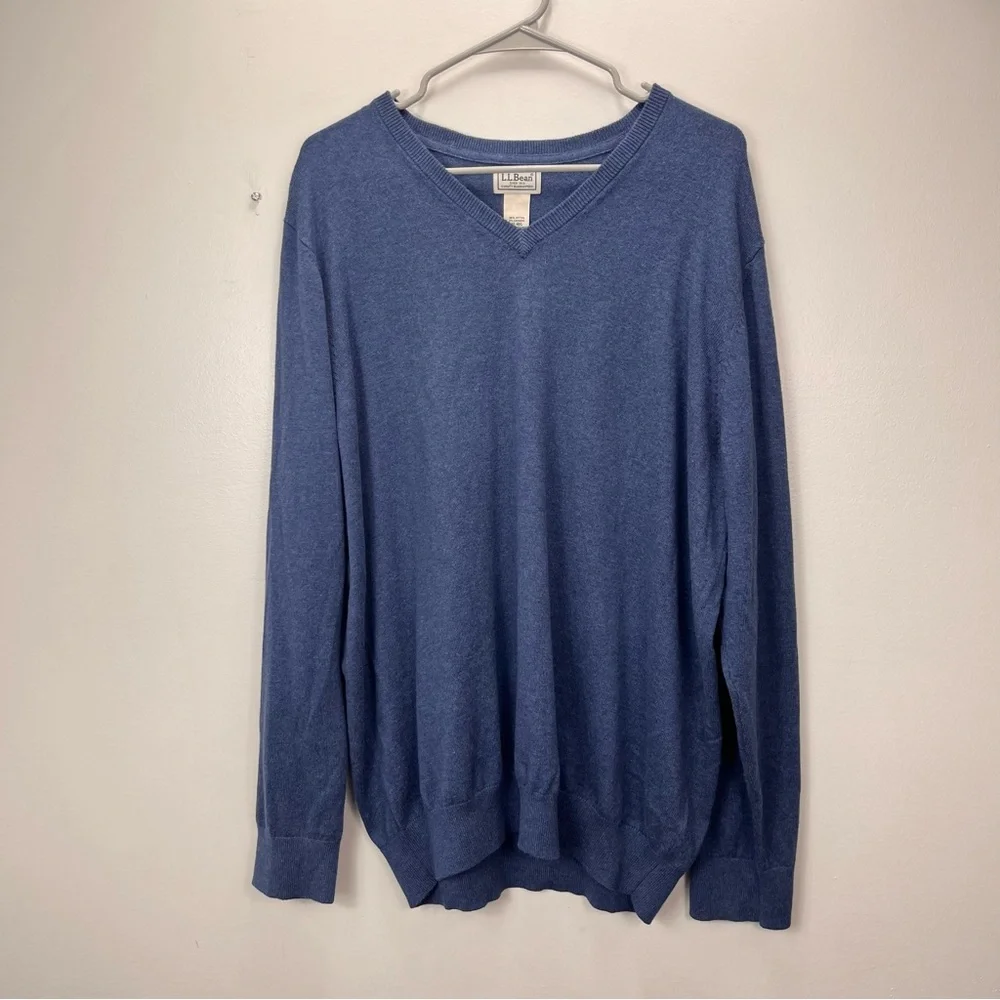 LL Bean Blue V Neck Cotton Cashmere Pullover Sweater XL‎